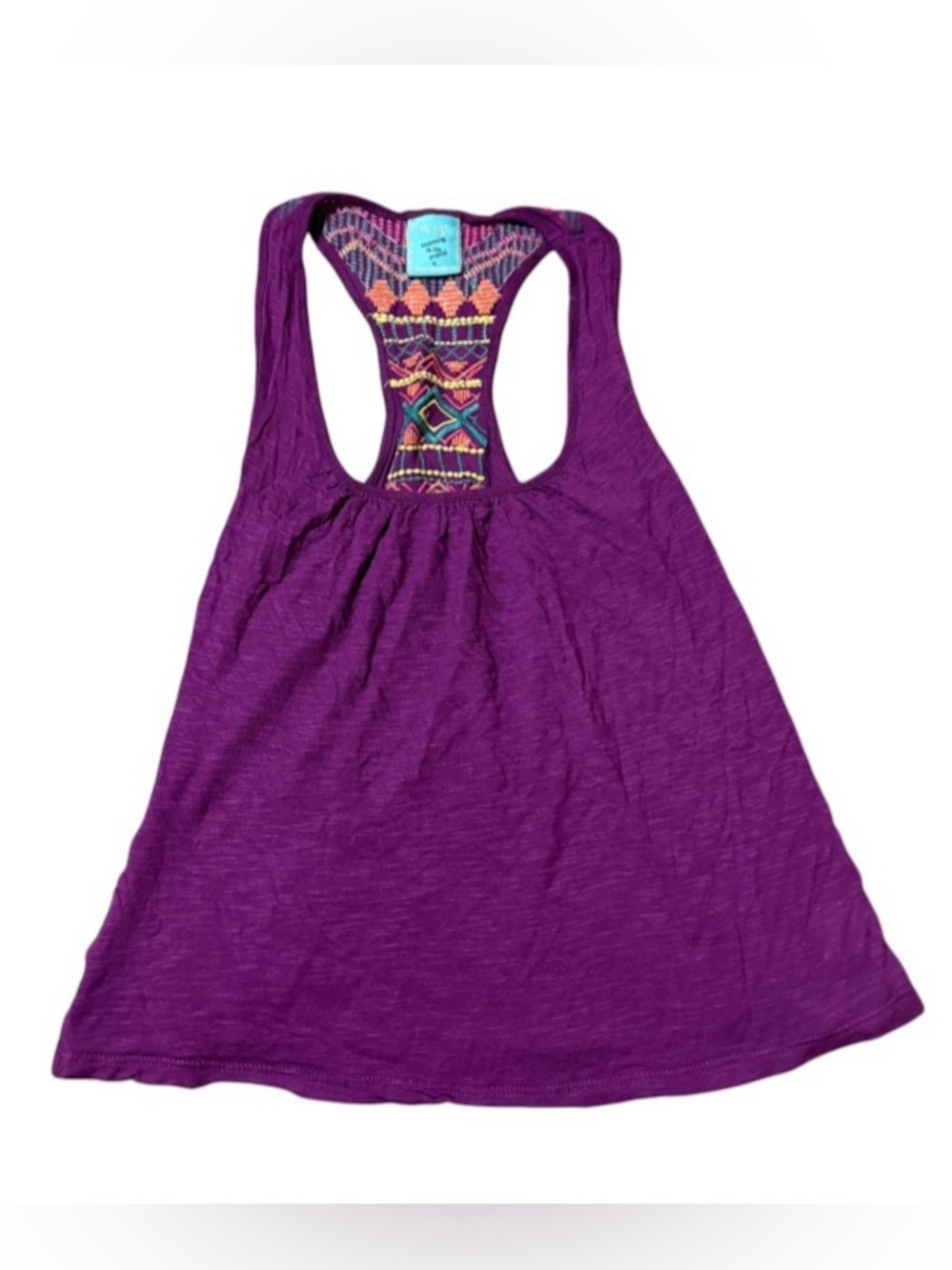 happening in the present Purple Racerback Tank with Embroidered Back Panel